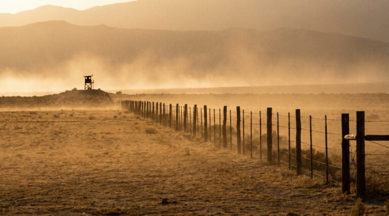 A border fence line and watchtower at dawn across arid scrubland