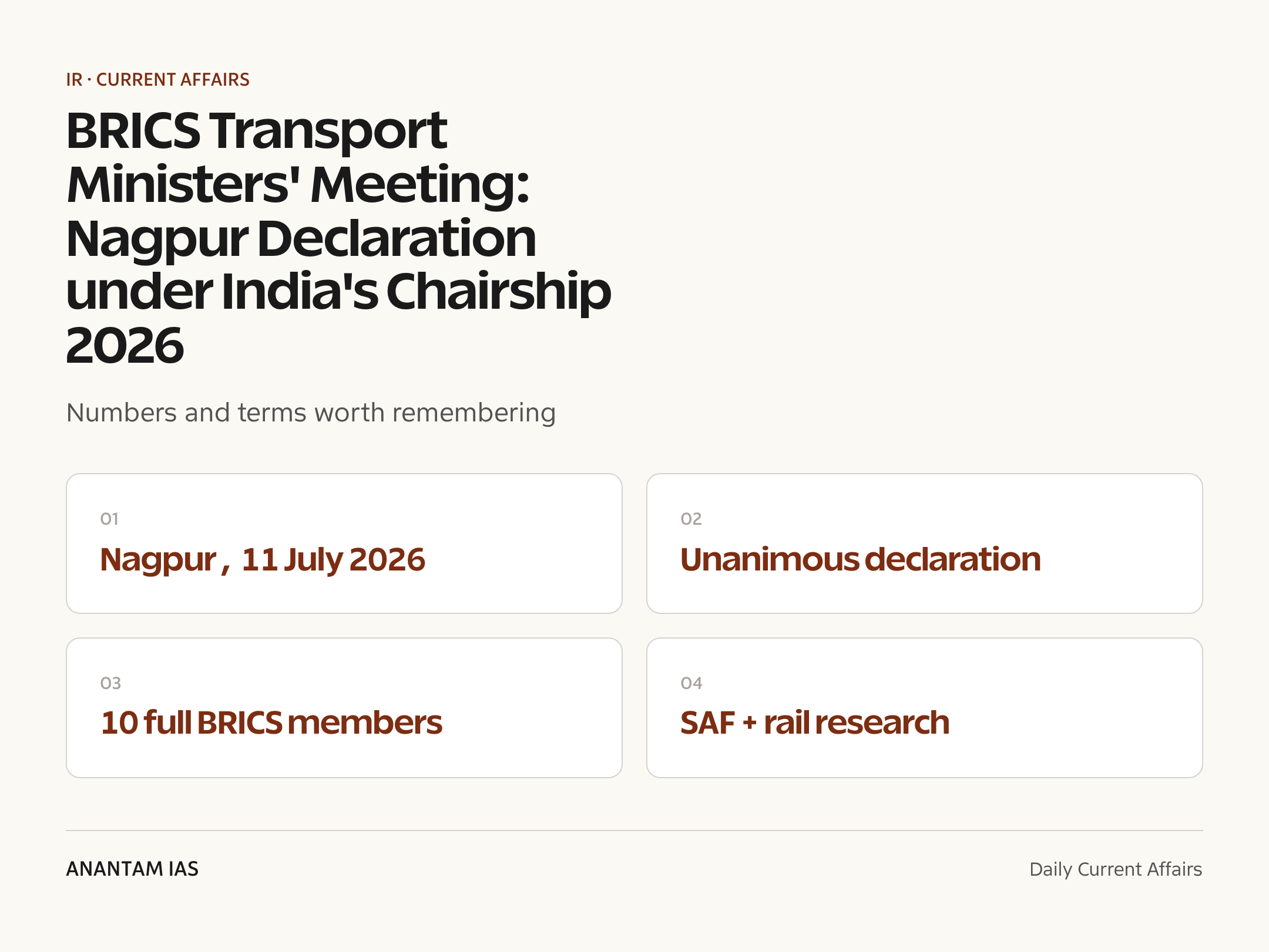 BRICS Transport Ministers' Meeting: Nagpur Declaration under India's Chairship 2026 — quick facts