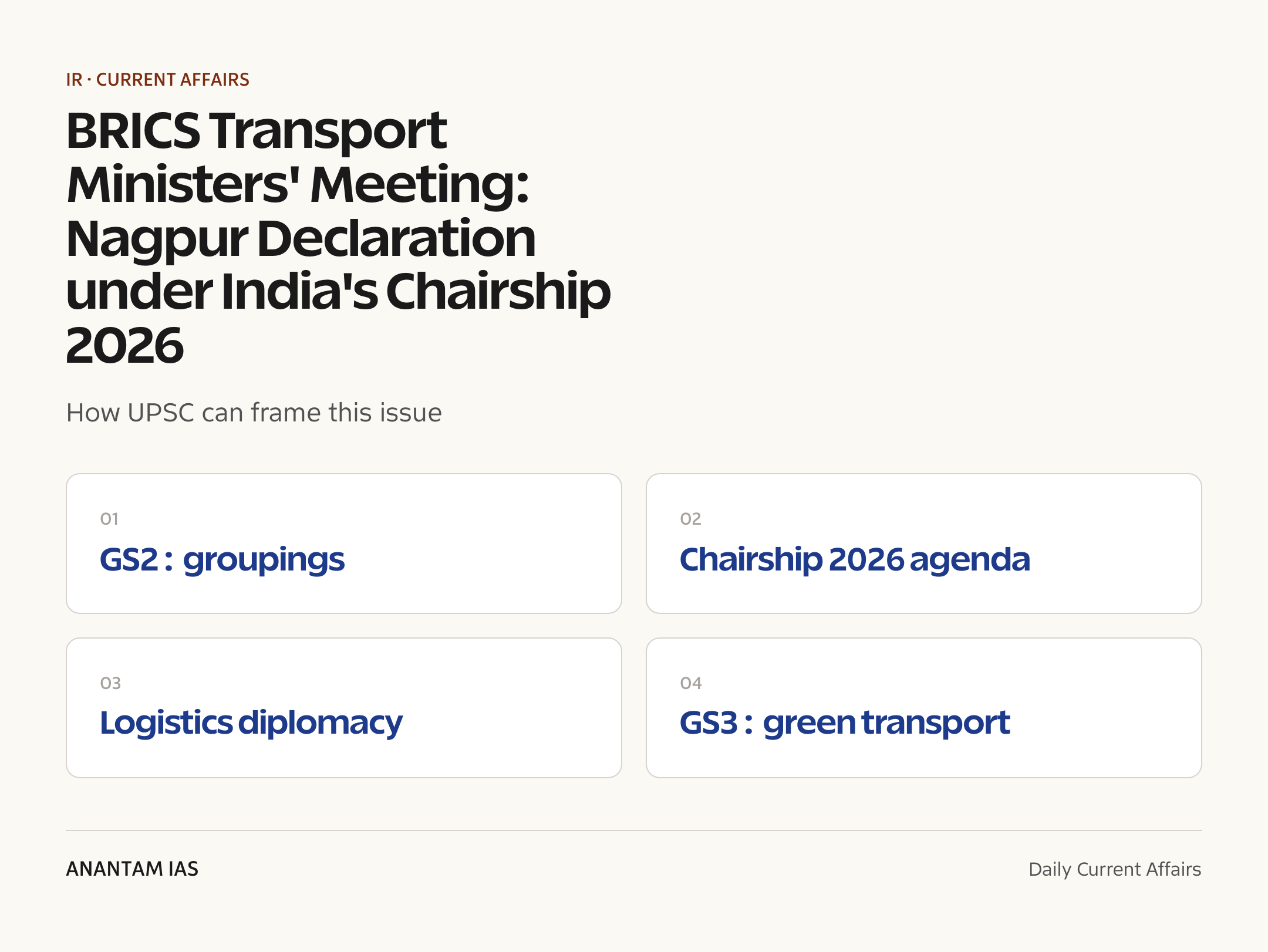 BRICS Transport Ministers' Meeting: Nagpur Declaration under India's Chairship 2026 — exam lens