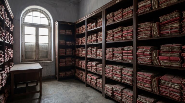 Bundles of paper files tied in cloth on shelves in a government records room