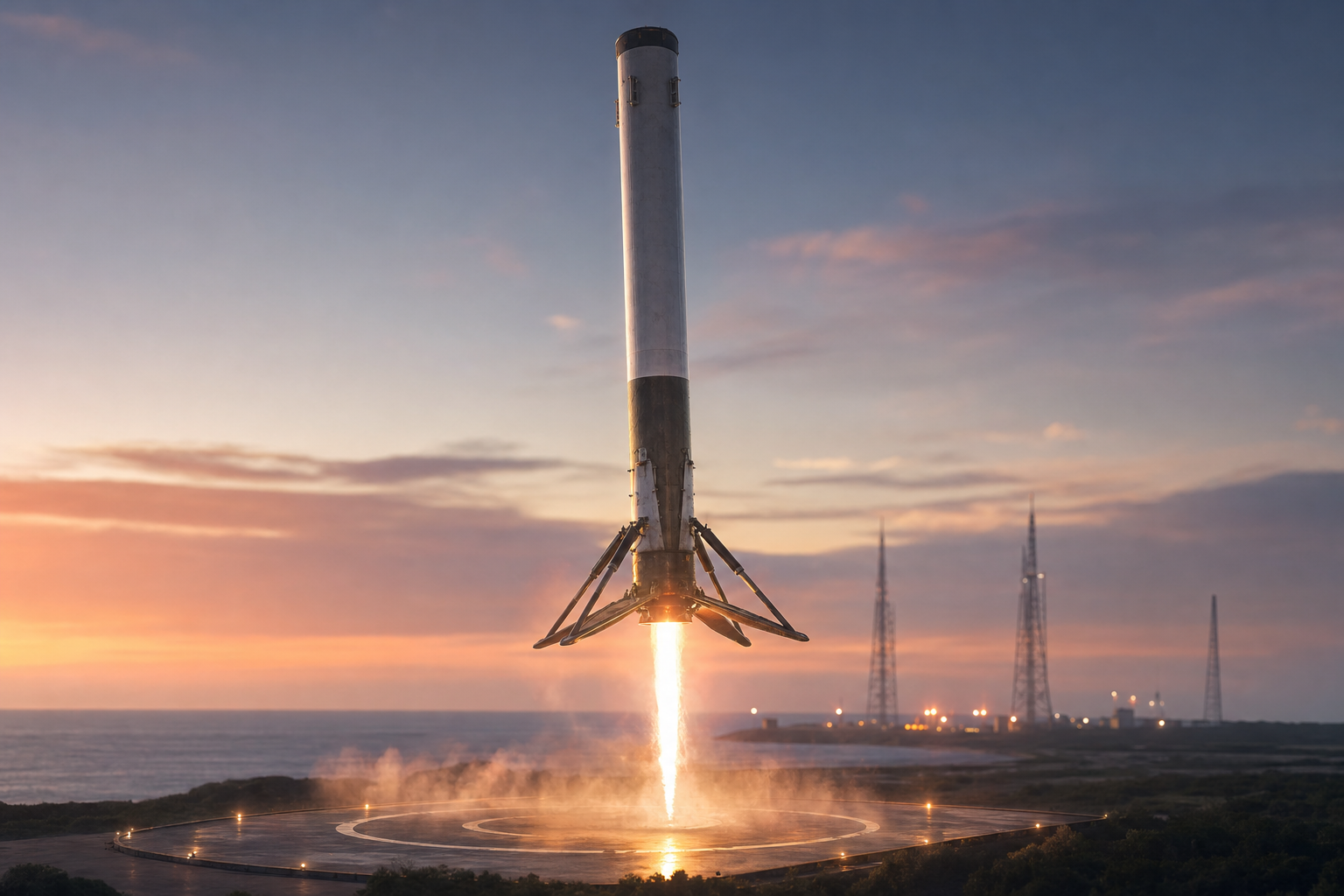 Rocket first stage descending vertically onto a coastal landing pad with landing legs deployed