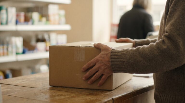 A shopper holding a plain cardboard box at a shop counter