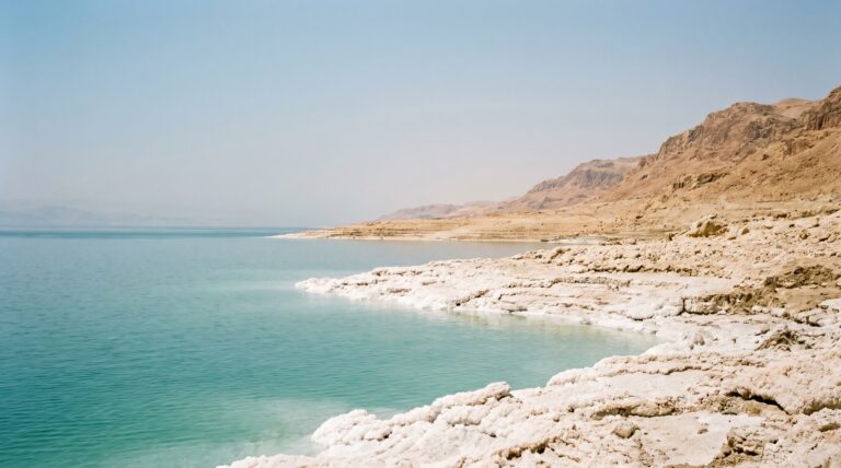 Salt crystal formations along the turquoise shoreline of the Dead Sea