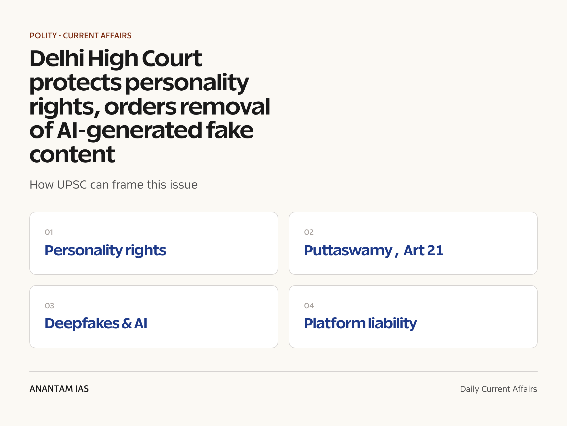 Delhi High Court protects personality rights, orders removal of AI-generated fake content — exam lens