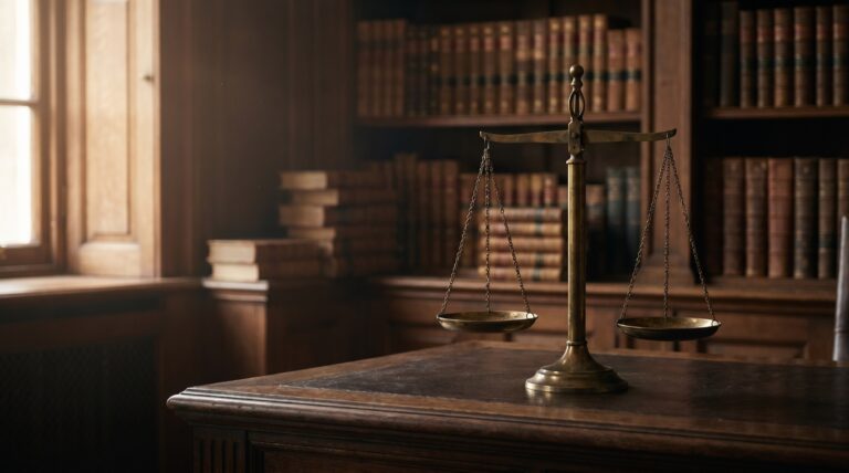 An antique brass balance scale on a desk in a dim law chamber