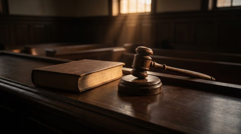 A wooden gavel and a leather-bound book on a courtroom bench in low light