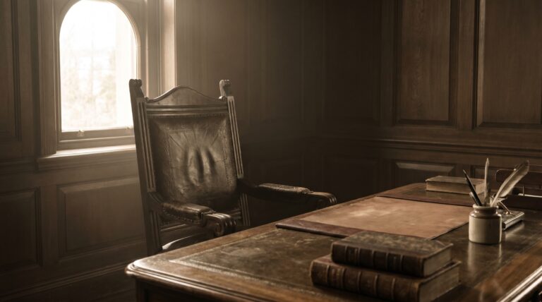 An empty formal chair behind a desk in a wood-panelled government chamber
