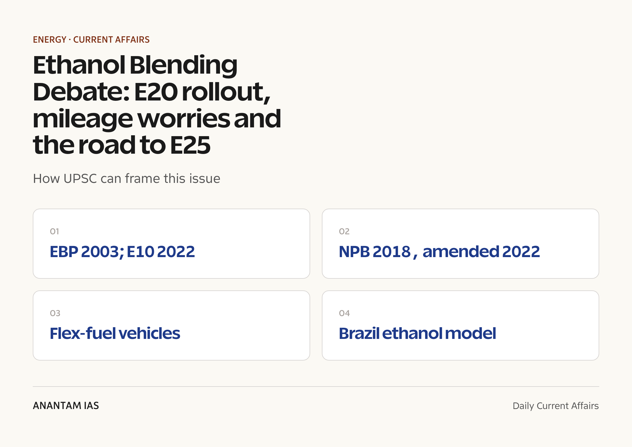Ethanol Blending Debate: E20 rollout, mileage worries and the road to E25 — exam lens