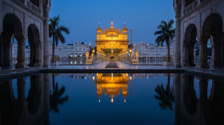 The Golden Temple, Harmandir Sahib, reflected in the sarovar at blue hour