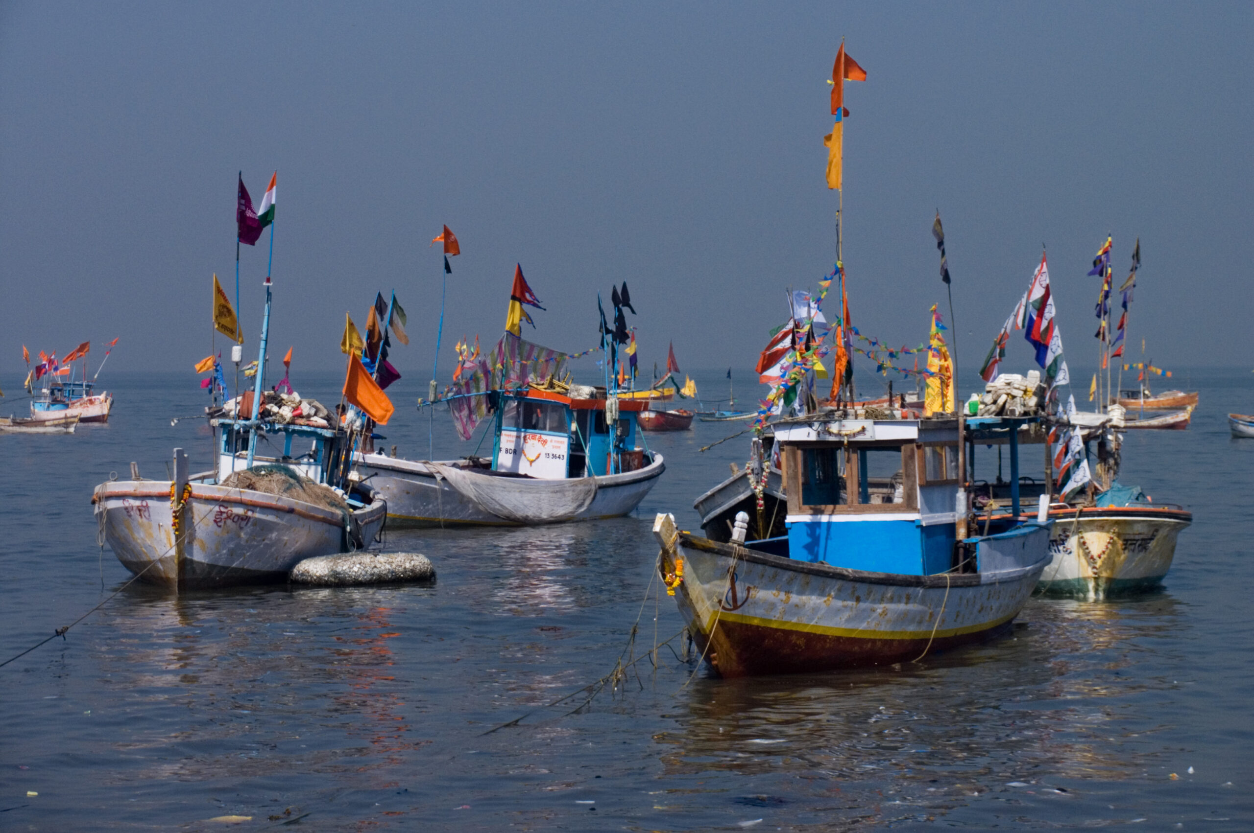Indian fishing boats moored at a coastal harbour