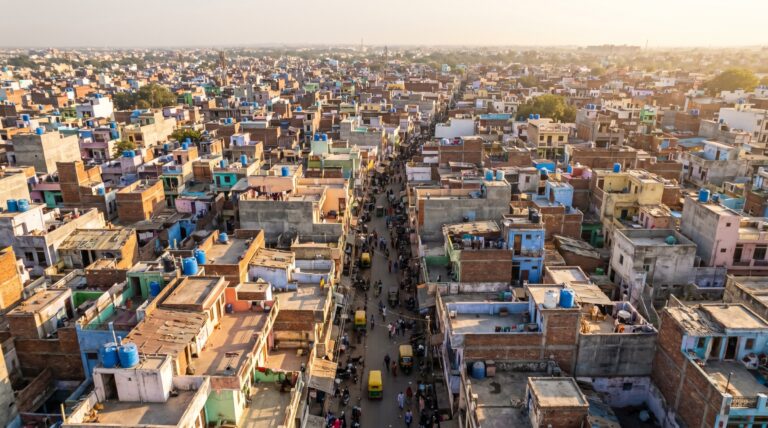 Densely packed rooftops and narrow lanes of an Indian town from above
