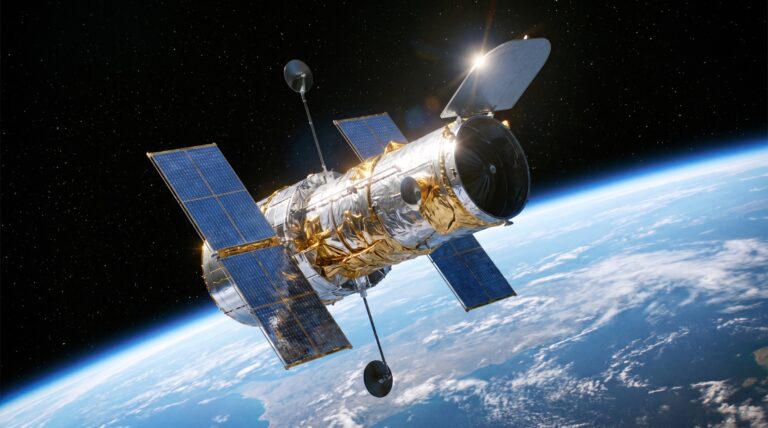 The Hubble Space Telescope orbiting above the blue limb of Earth
