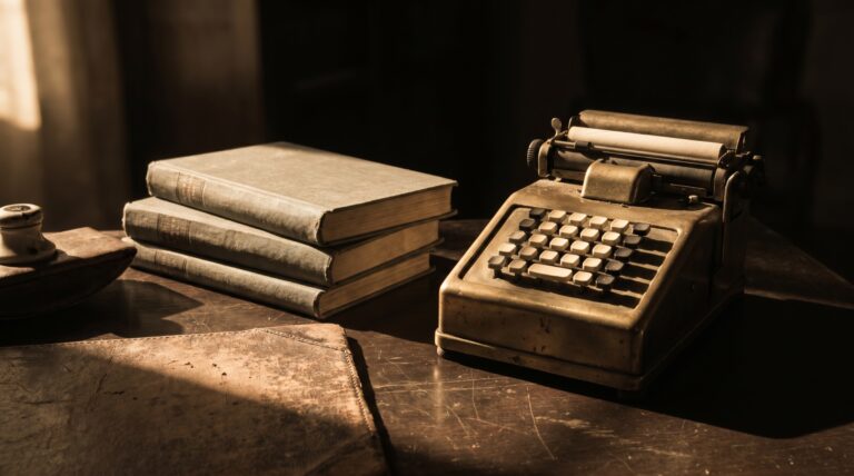A vintage adding machine and stacked ledger books on a dark wooden desk