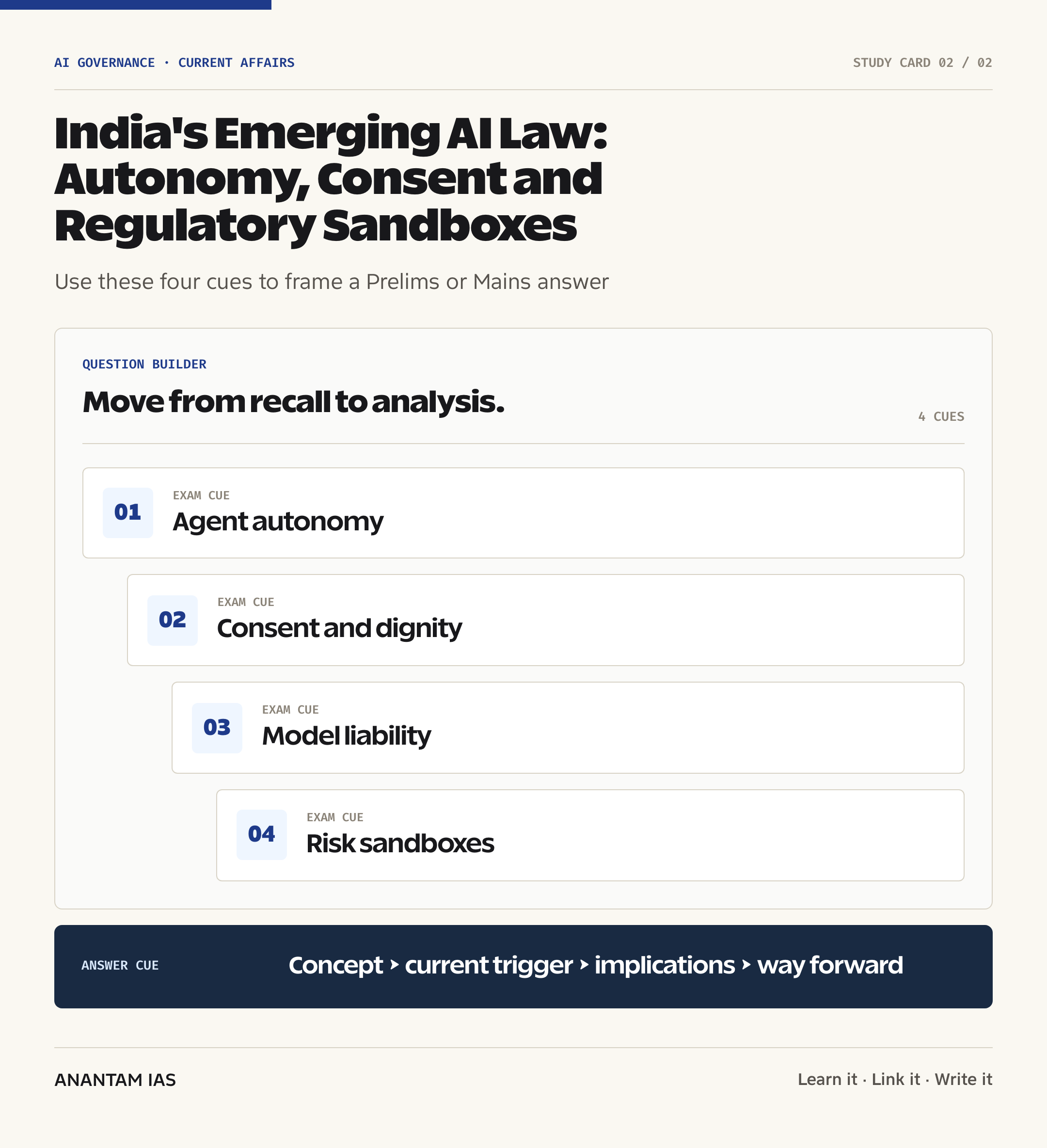 India's Emerging AI Law: Autonomy, Consent and Regulatory Sandboxes — exam lens