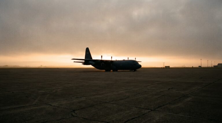 A military transport aircraft silhouetted on an airfield at dawn