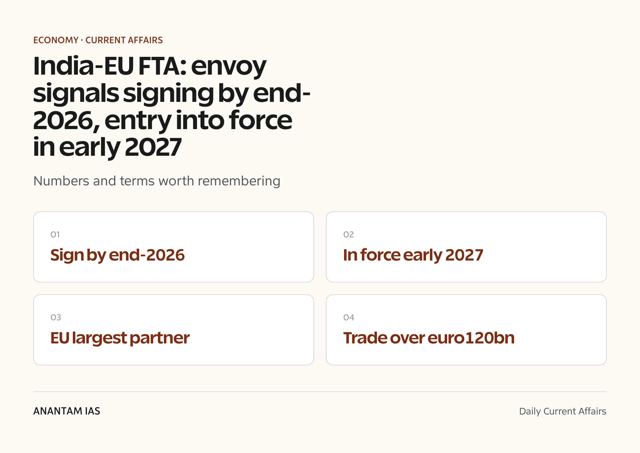India-EU FTA: envoy signals signing by end-2026, entry into force in early 2027 — quick facts