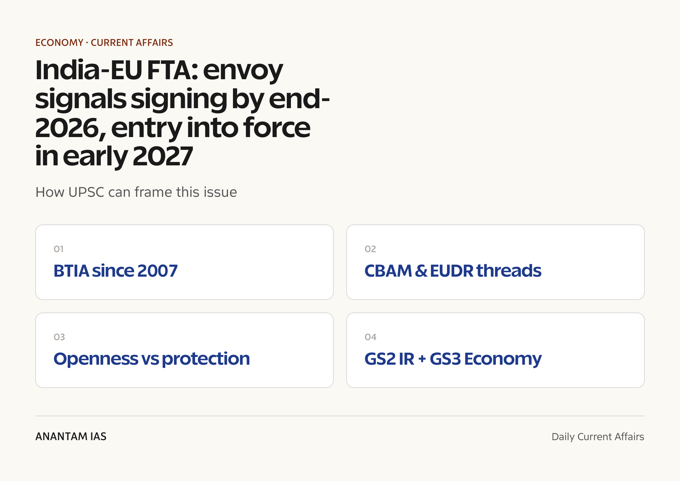 India-EU FTA: envoy signals signing by end-2026, entry into force in early 2027 — exam lens