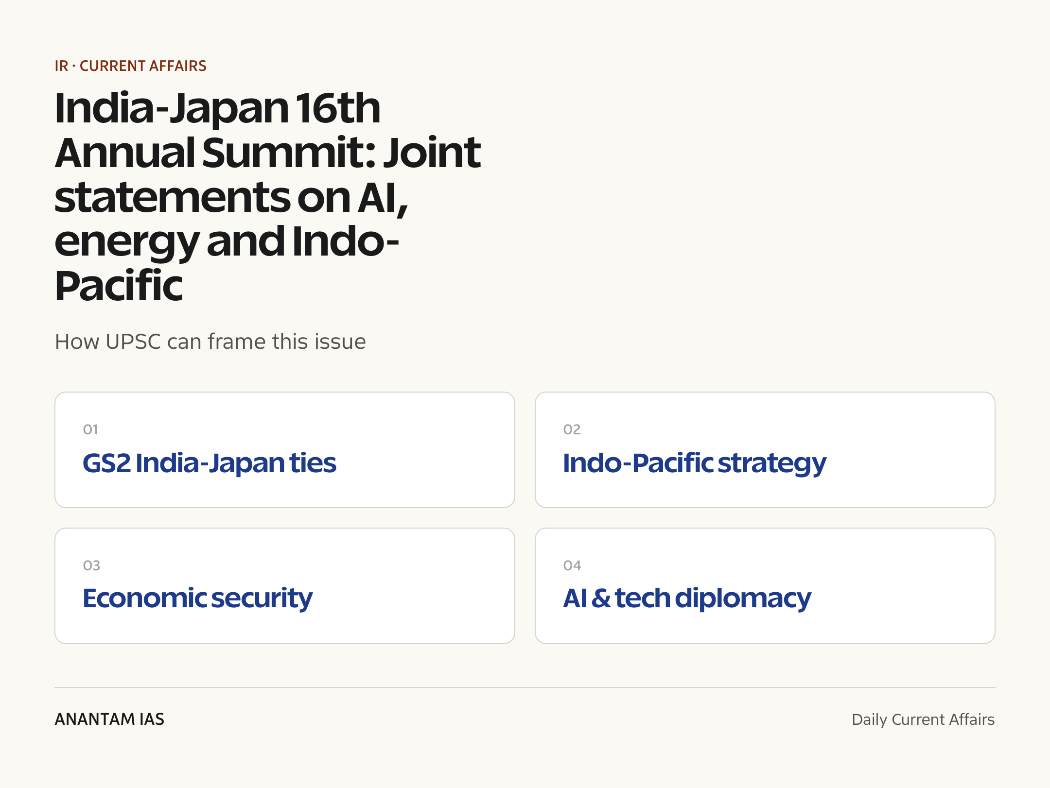 India-Japan 16th Annual Summit: Joint statements on AI, energy and Indo-Pacific — exam lens