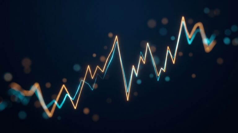 An abstract glowing volatility line rising and falling on a dark background