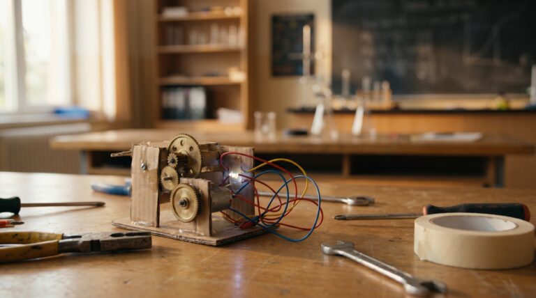 A school science workbench with a hand-built model, gears and tools