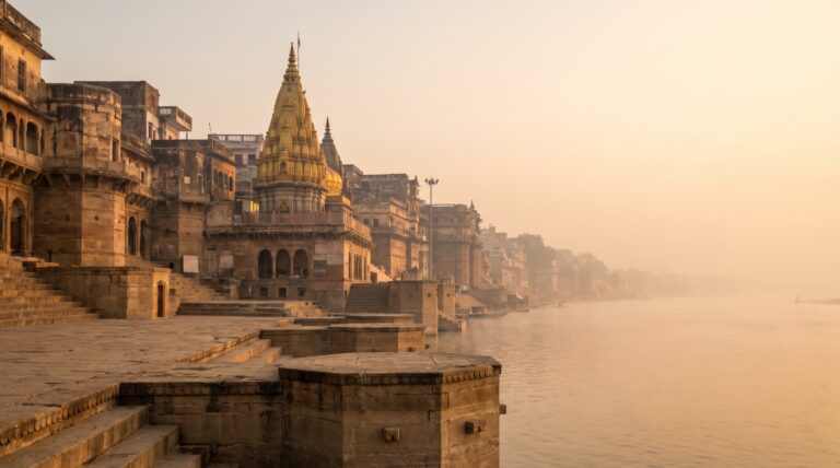 The golden spire of a Varanasi riverfront temple above the ghats at sunrise