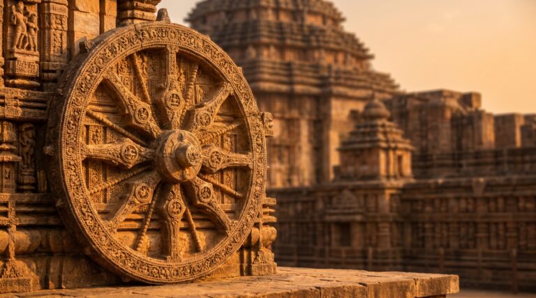 The carved stone chariot wheel of the Konark Sun Temple in golden light