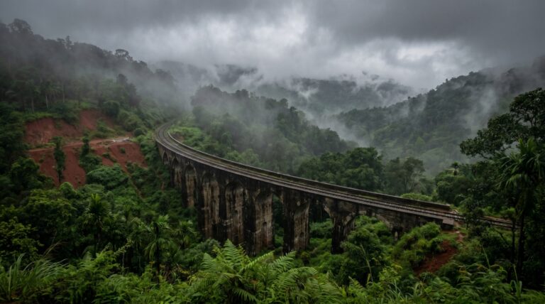 A railway viaduct curving across a misty green valley in the Western Ghats