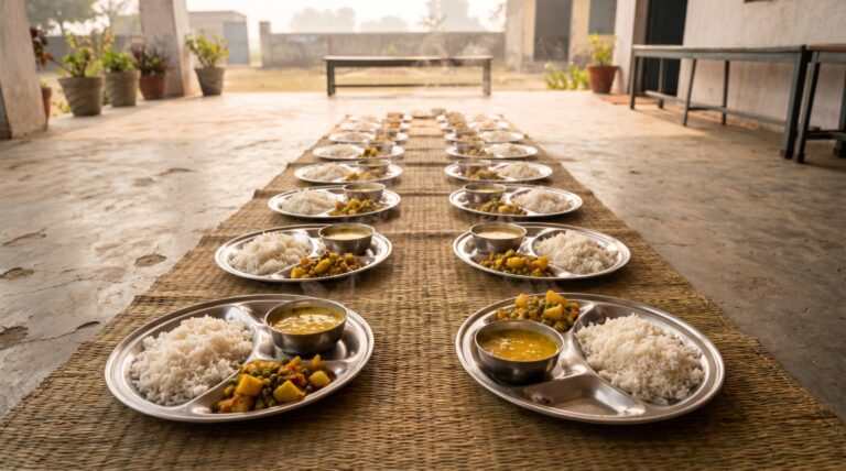 Steel plates of freshly cooked rice, dal and vegetables at an Indian school