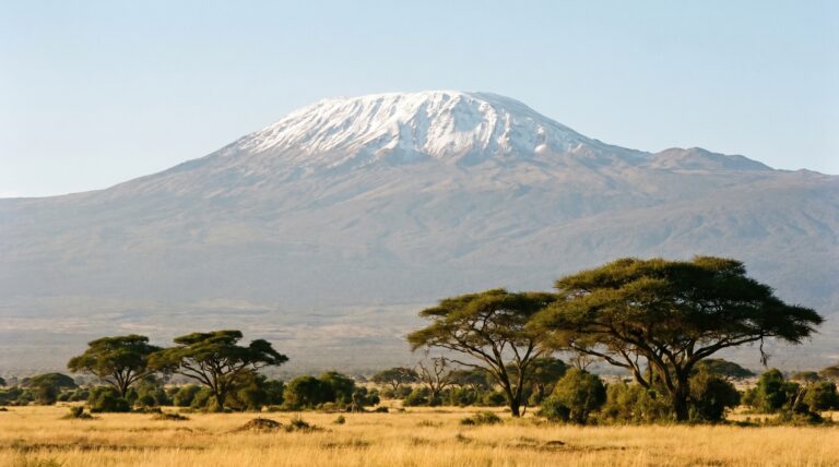 The snow-capped summit of Mount Kilimanjaro above the savanna plains of Tanzania