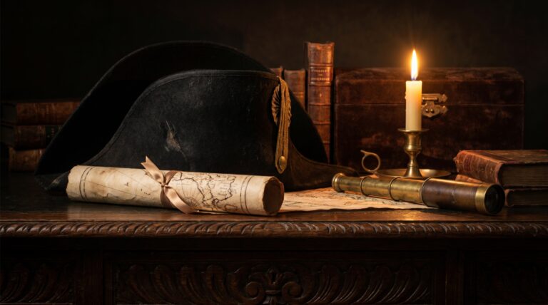 A bicorne hat, rolled map and brass telescope on a dark table by candlelight
