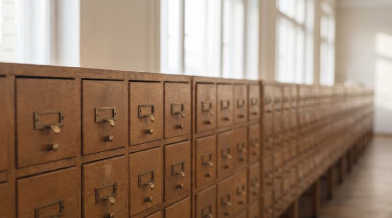 Rows of plain wooden archive drawers in a neat grid