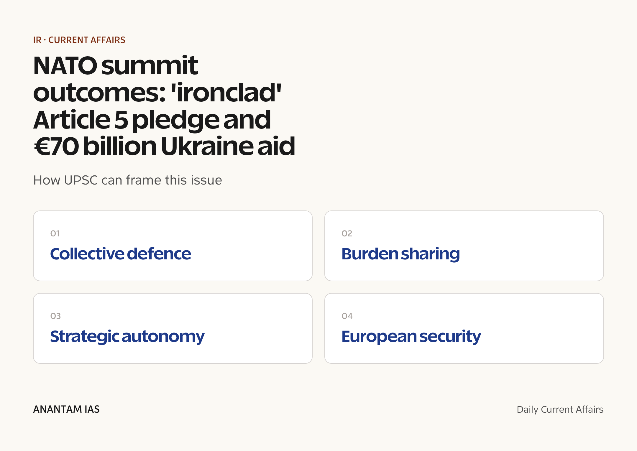 NATO summit outcomes: 'ironclad' Article 5 pledge and €70 billion Ukraine aid — exam lens