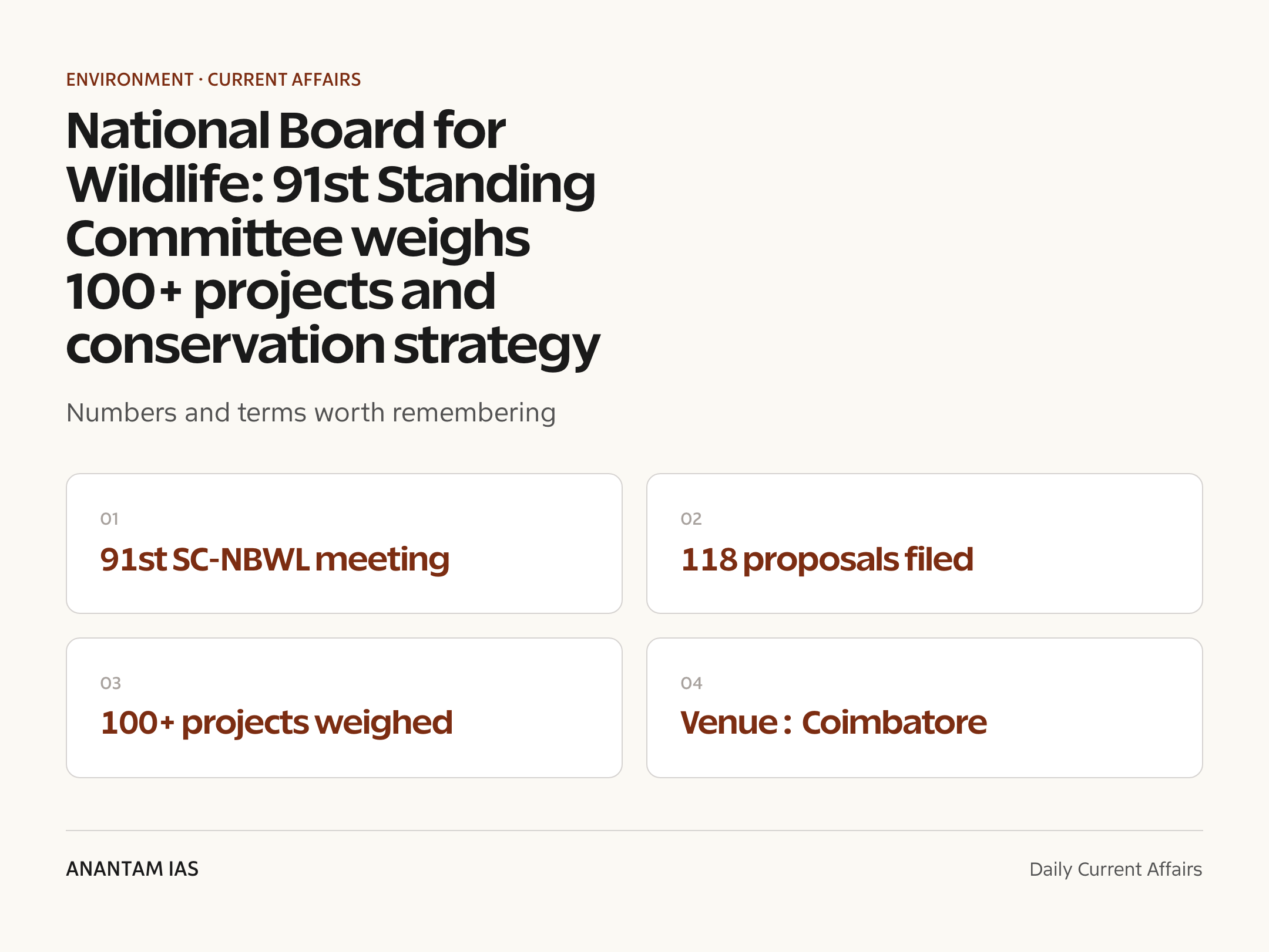 National Board for Wildlife: 91st Standing Committee weighs 100+ projects and conservation strategy — quick facts