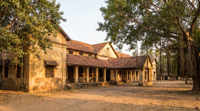 A colonial-era district administrative building in Odisha at morning light