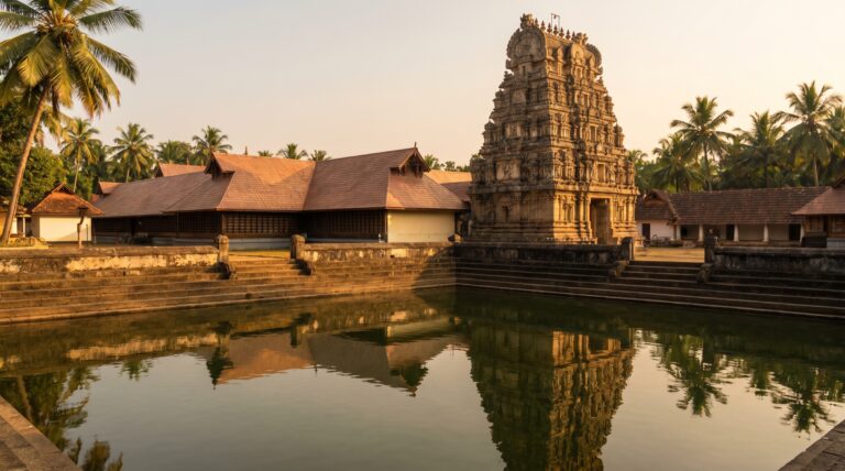 A Kerala temple gopuram and tiled roofs beside a still temple tank at golden hour