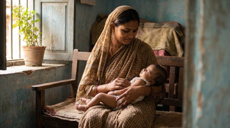 A mother cradling her newborn baby in soft natural light at home