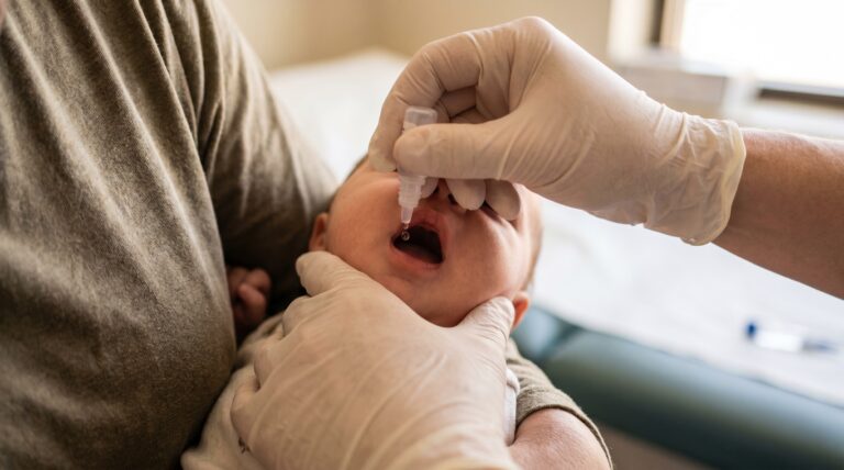 A health worker administering oral polio vaccine drops to a child