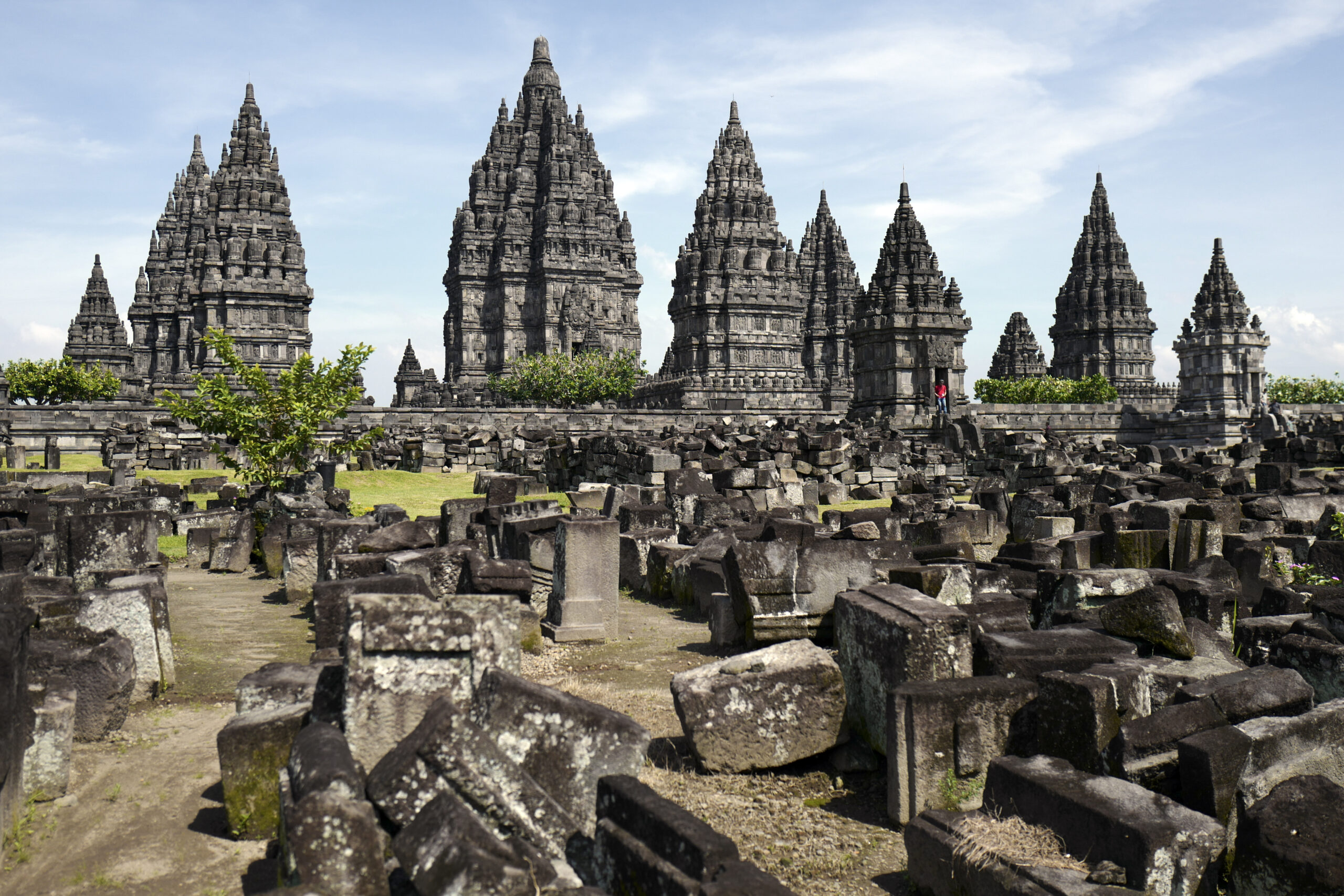 The tall spires of the Prambanan Hindu temple complex in Java, Indonesia