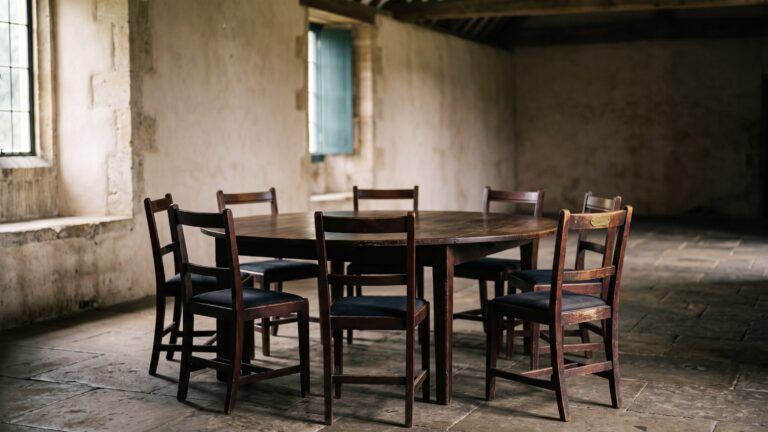 An empty circular seminar table of dark wood with eight plain chairs, one chair pulled back as if someone has just risen to speak, in a bare high-ceilinged room.
