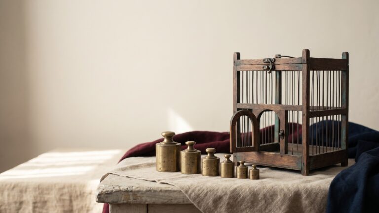A set of graduated brass weights arranged in a row beside a small wooden birdcage whose door stands open.