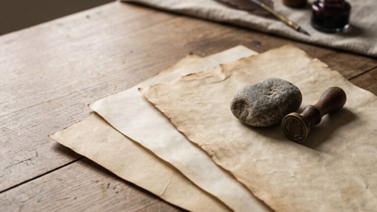 Three overlapping sheets of aged vellum on a desk, each a slightly different tone, weighted down by a plain stone and a wax seal stamp.