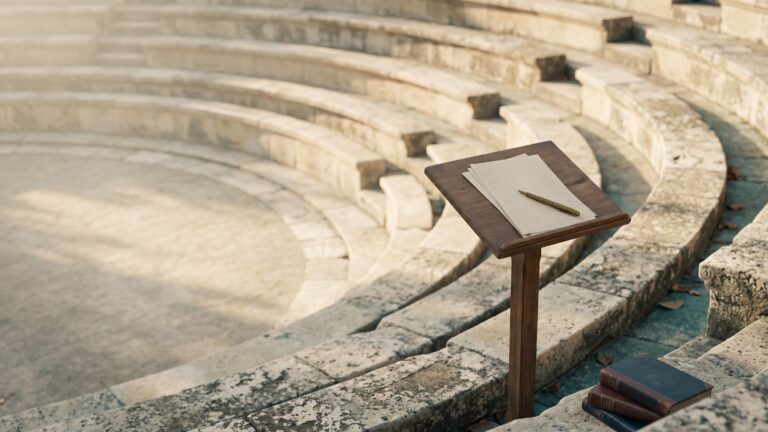A tiered amphitheatre of worn stone seats curving around an empty speaking floor, early morning.