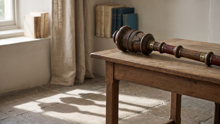 A heavy ceremonial wooden mace resting across an empty desk, throwing three distinct overlapping shadows across the floor.