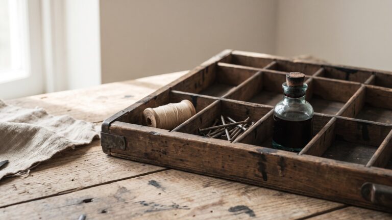 An old letterpress type case on a workbench, three of its compartments holding three different raw materials: a spool of cotton thread, a handful of iron nails, and a glass ink bottle.