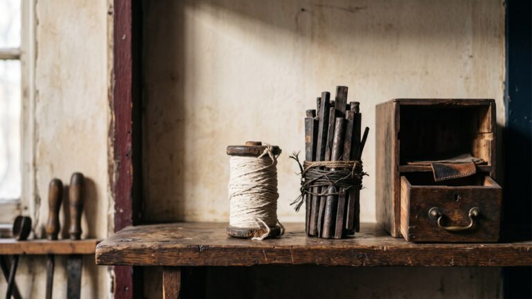 A workshop shelf holding three objects in a row under a single lamp: a hand-spun cotton thread spool, a tightly bound bundle of iron rods, and a small writing desk drawer standing open.