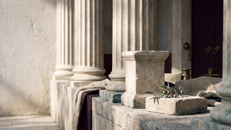 A weathered Greek stone colonnade with two empty plinths side by side, an olive branch resting on the lower one.