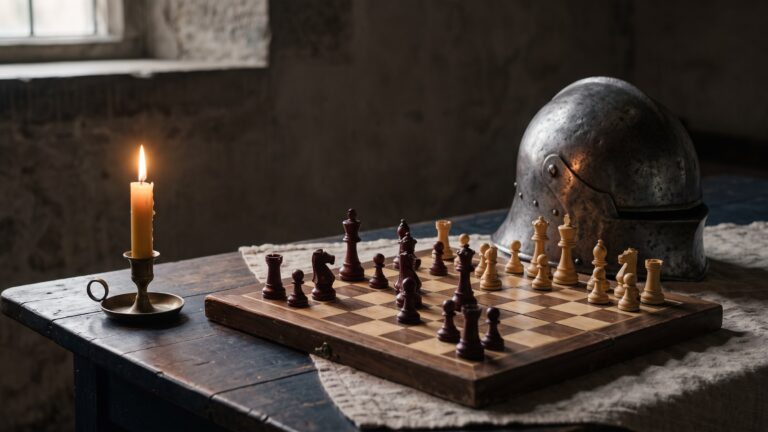 A chessboard mid-game on a dark table beside a heavy plain iron helmet, lit by a single candle.