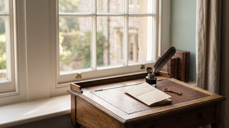 An English writing desk beneath a tall sash window with a quill, an inkwell, a folded pamphlet and a small brass key, morning light.