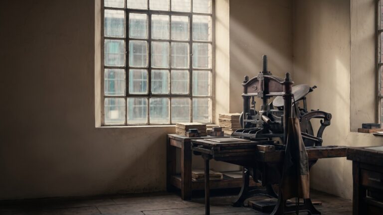 A tall iron-mullioned factory window above an old printing press, coal dust hanging in the shaft of light.