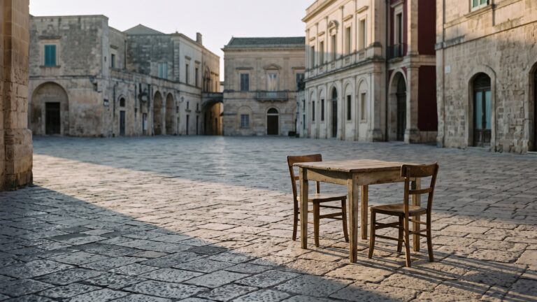 An empty public square at dawn with one plain table and two chairs at its centre, long shadows across the paving.